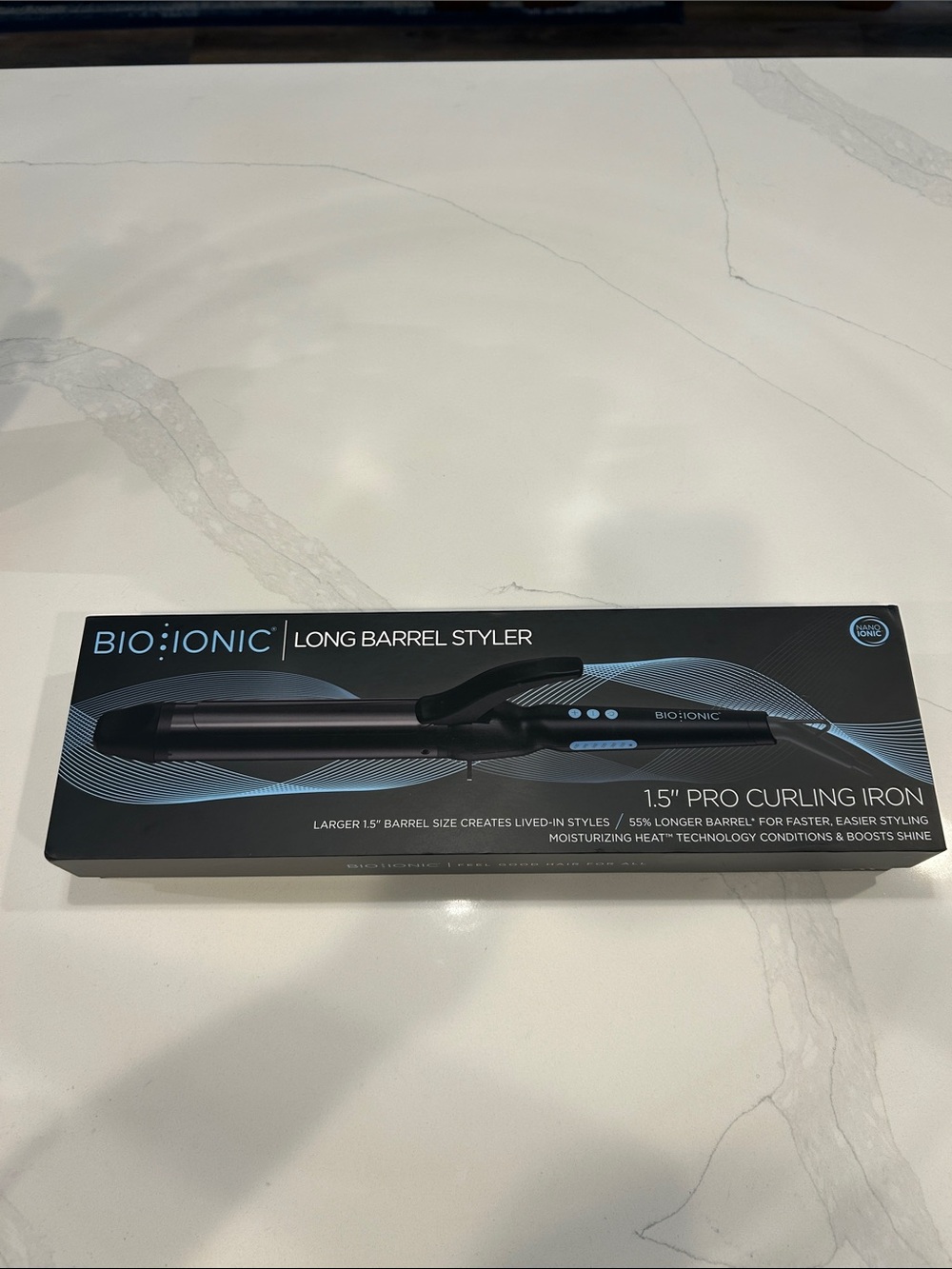 Bio Ionic Long Barrel Styler 1.5" Pro Curling Iron - Black/Blue NIB